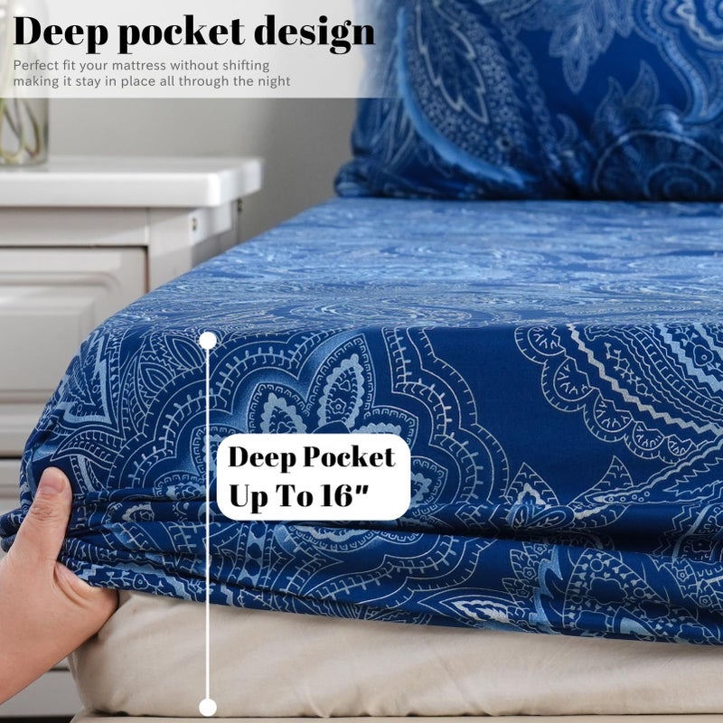 Bedlifes King Sheet Set Ultra Soft, Breathable, Silky Flower Deep Pocket 100% Microfiber Bedding, 4 Piece King Size Paisley Dark Navy Blue - Image 5